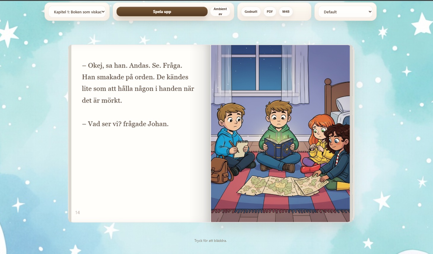 En personlig godnattsaga i Audioleaf med text, illustration och godnattläge