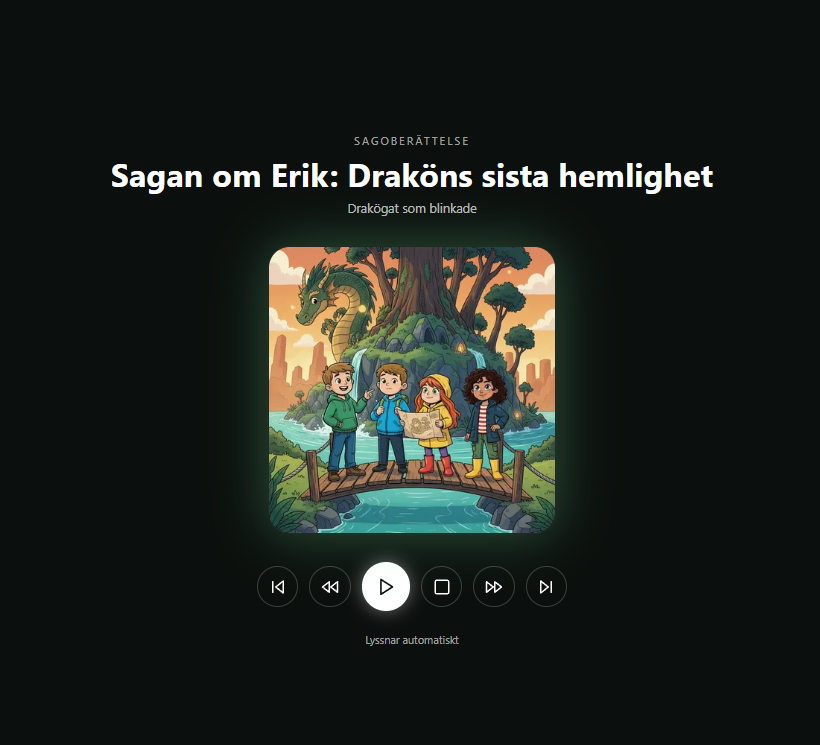 Audioleafs uppspelningsläge för Sagan om Erik Draköns sista hemlighet med omslag och lyssnarkontroller